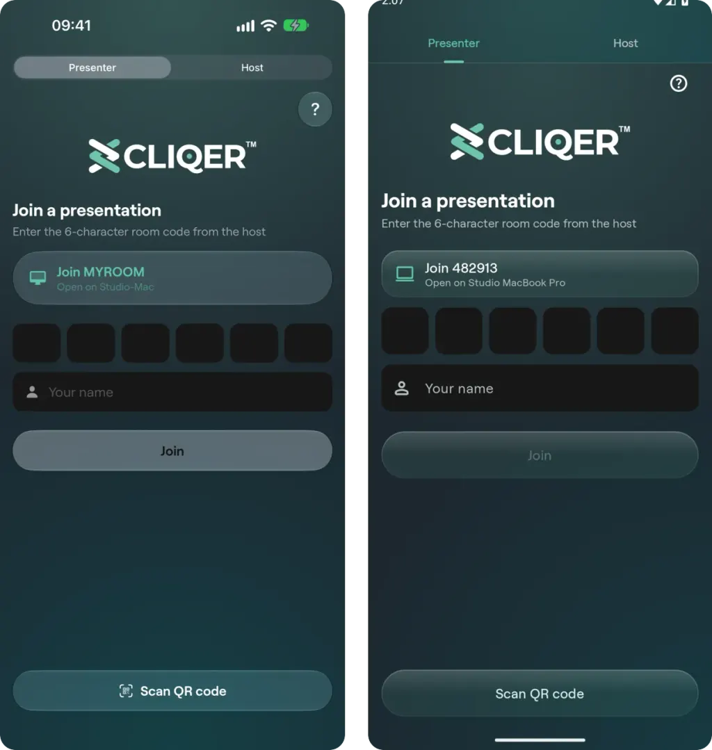 The Presenter and Host switch at the top of the Join screen on iPhone and on Android, with a one tap Join button for the host room