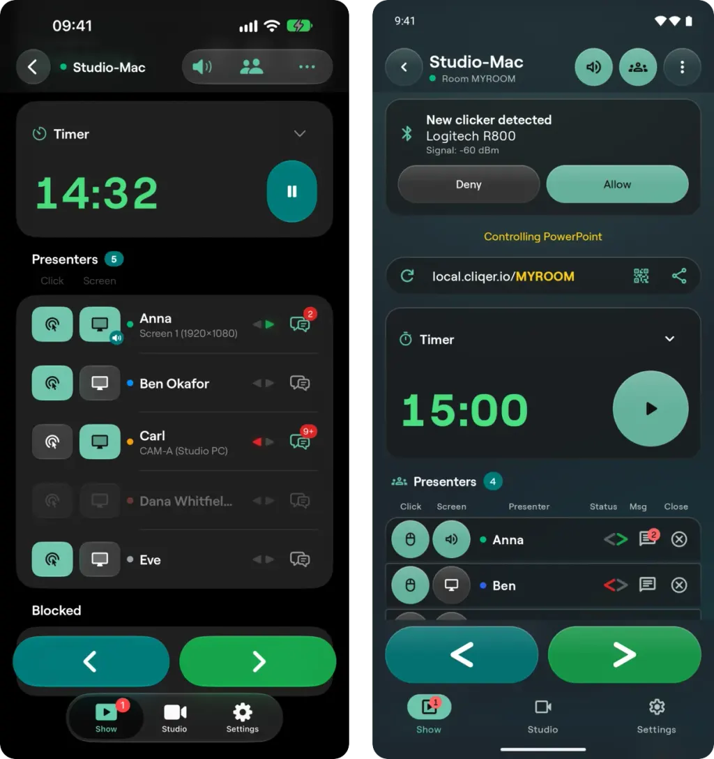 The Show tab of Control the host on iPhone and on Android with the room link, timer, presenters and the Previous and Next buttons