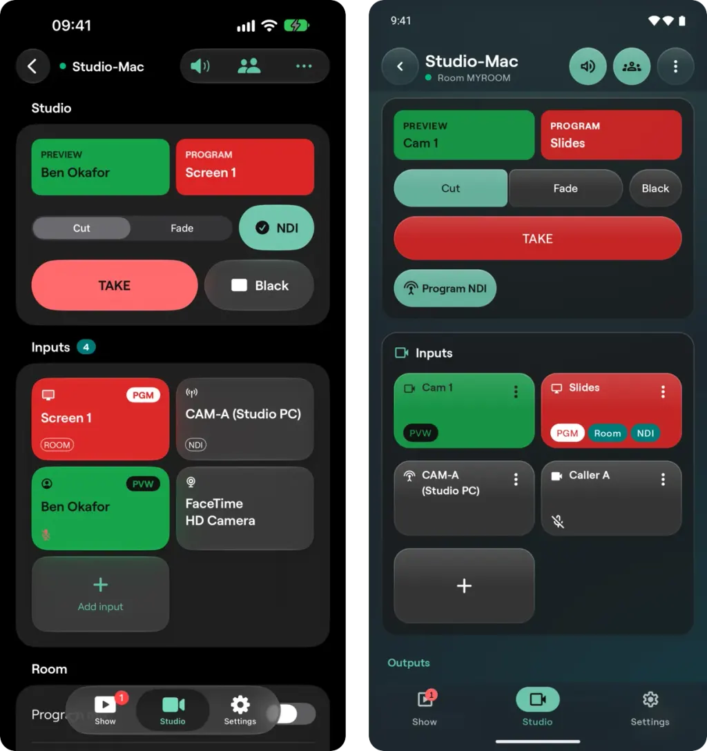 The Studio tab on iPhone and on Android with Preview and Program, Cut and Fade, TAKE and the inputs