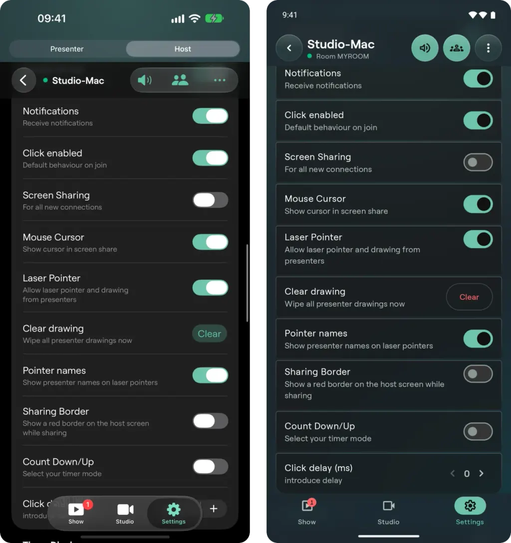 The Settings tab on iPhone and on Android scrolled to the Behavior group, with the Clear drawing row and its Clear button under Laser Pointer