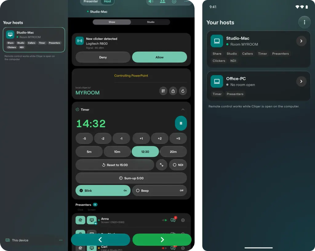 The Your hosts list on an iPad beside the controls and on an Android phone, showing a paired computer with its room and what it offers