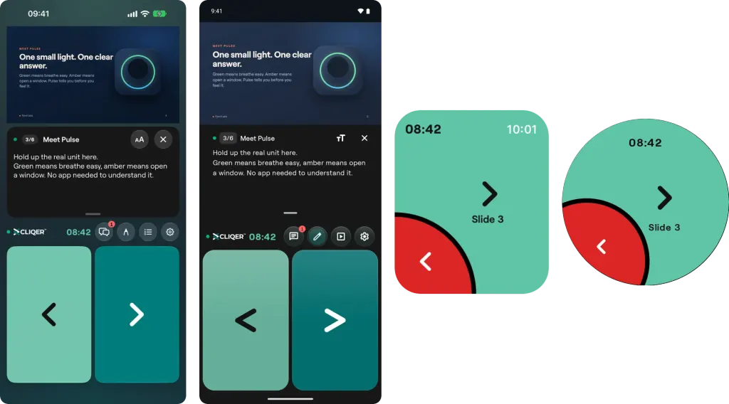 Cliqer Remote on an iPhone, an Android phone, an Apple Watch and a Wear OS watch, all in the same room with big Back and Next buttons