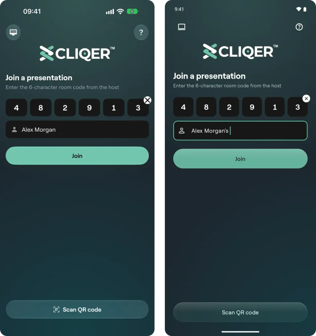The Join screen on iPhone and on Android with a room code typed in the six boxes, a name below them and the Join button
