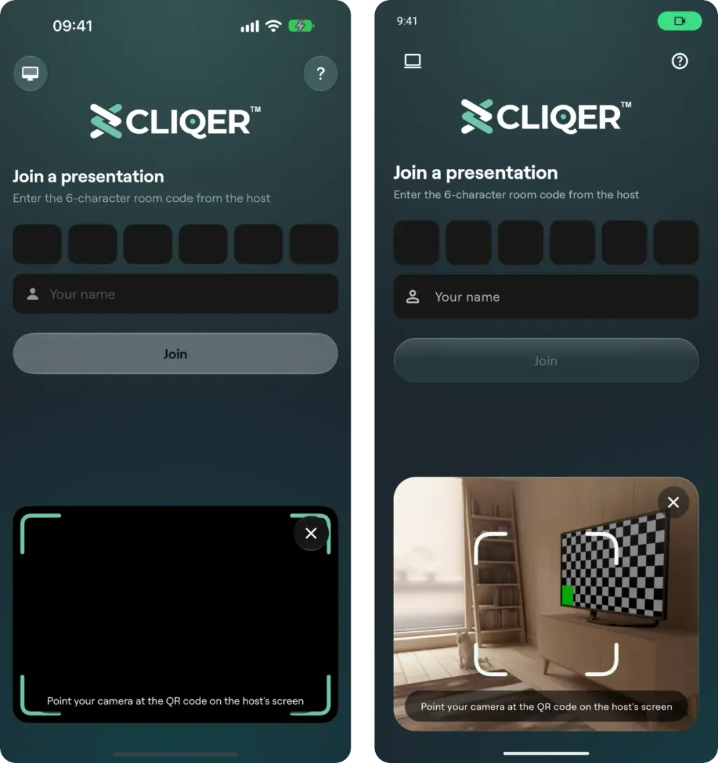 Scan QR code turned into a camera card on the Join screen, on iPhone and on Android, with the Join form still visible above it