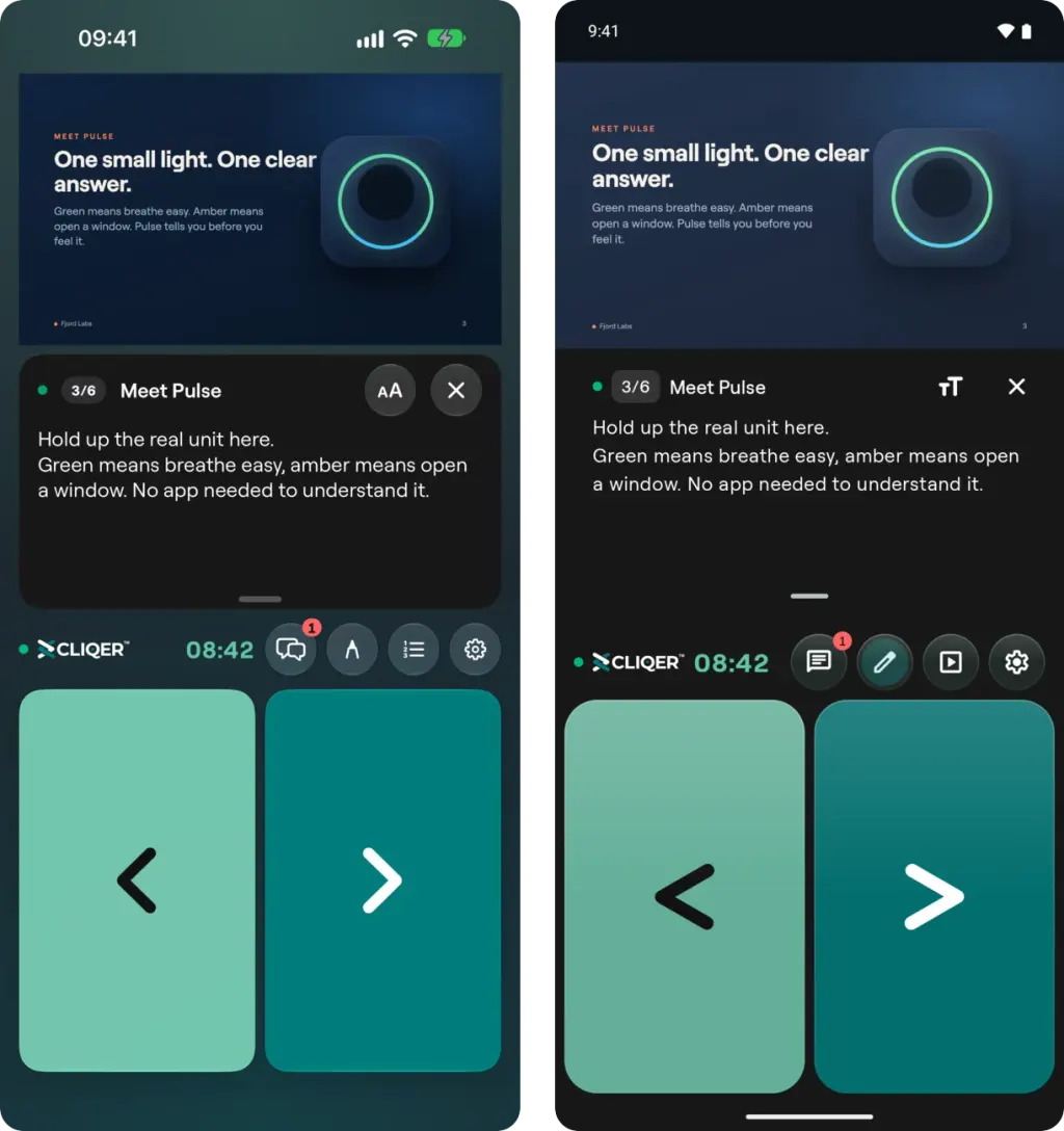 The room on iPhone and on Android: the shared screen on top, the speaker notes, the room bar with the timer, and the Back and Next tiles