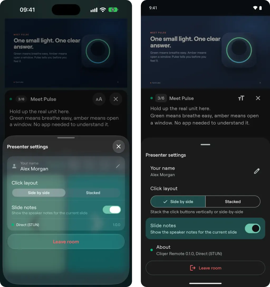 The Presenter settings sheet on iPhone and on Android with your name, click layout, slide notes and Leave room
