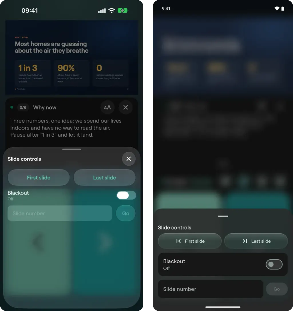 The Slide controls sheet on iPhone and on Android with First slide, Last slide, Blackout and a Go to slide number field