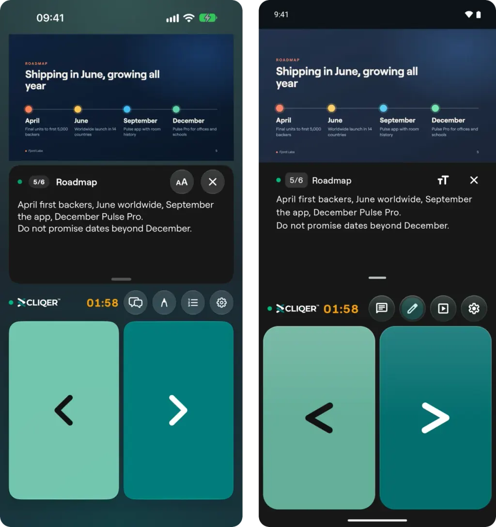 The room bar with the host timer in its amber warning colour above the Back and Next tiles, on iPhone and on Android