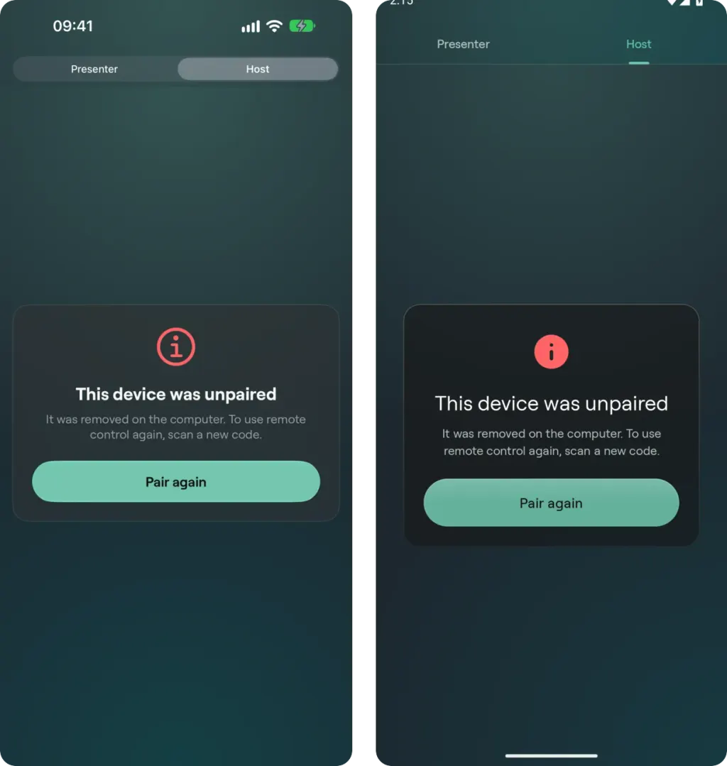 The Host tab on iPhone and on Android showing This device was unpaired with a Pair again button