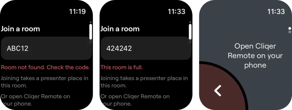 Three Apple Watch screens: Room not found, This room is full, and Open Cliqer Remote on your phone
