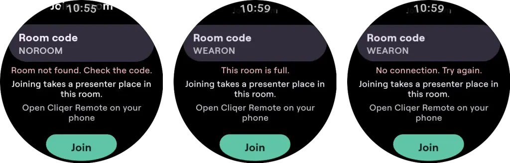 Three Wear OS screens on Join a room: Room not found, This room is full, and No connection