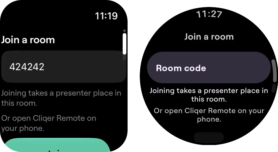 The Join a room screen on an Apple Watch and on a Wear OS watch, with a room code field and the note that joining takes a presenter place