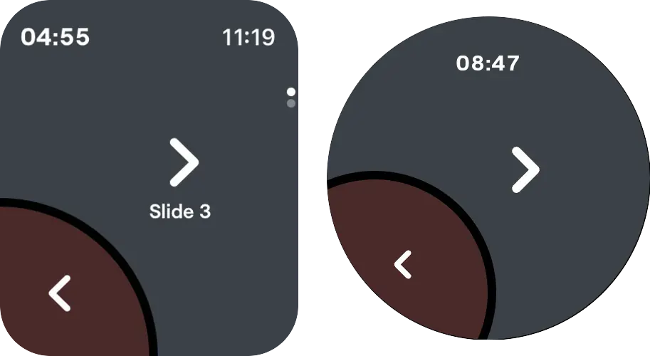 The watch face greyed out on an Apple Watch and on a Wear OS watch while the host is away, with Next and Back dimmed