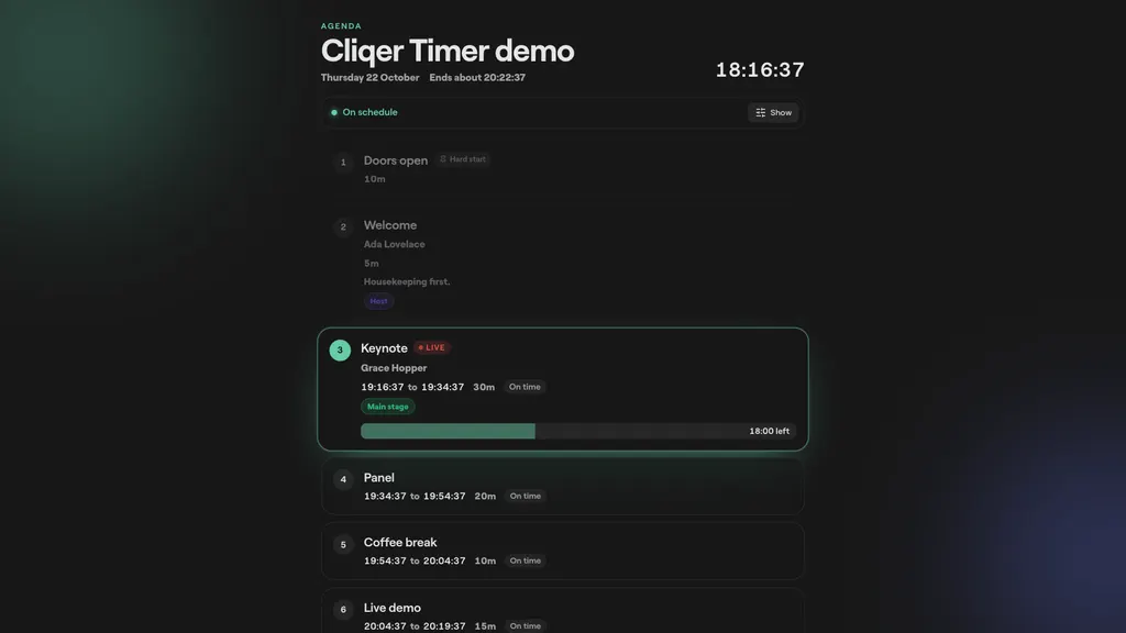 Cliqer Timer run of show page with a keynote marked live, a progress bar and 18 minutes left