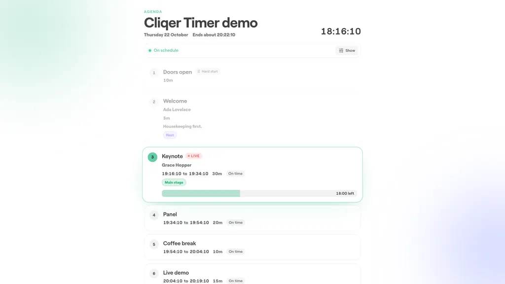 Cliqer Timer run of show page with a keynote marked live, a progress bar and 18 minutes left