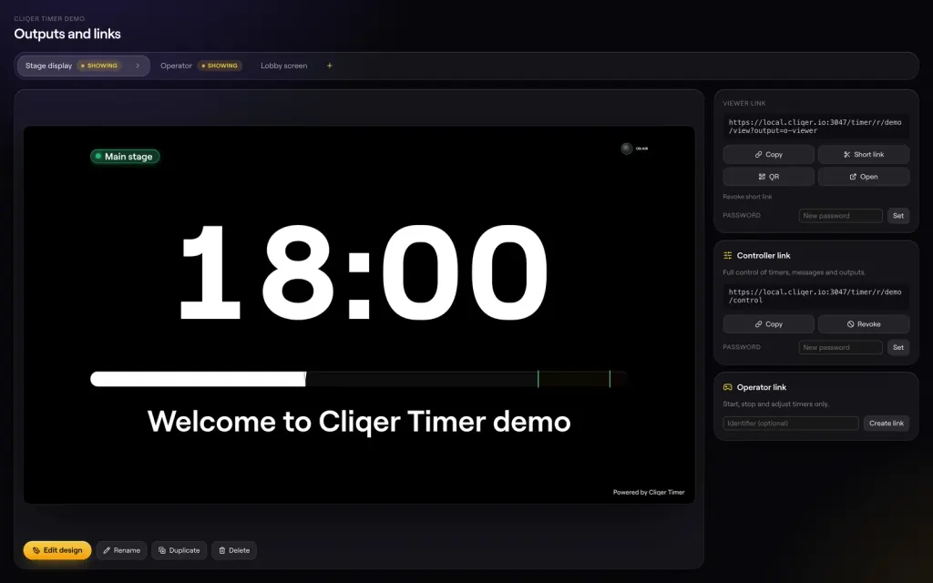 The Cliqer Timer outputs and links page with a large 18:00 stage countdown.