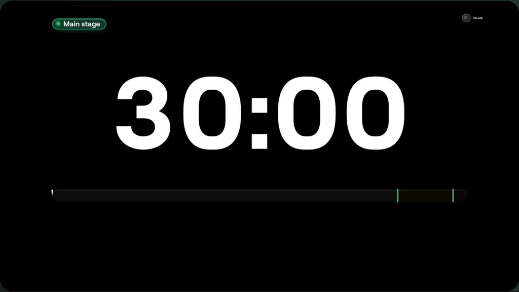 The Cliqer Timer stage display: a large countdown with its progress bar.