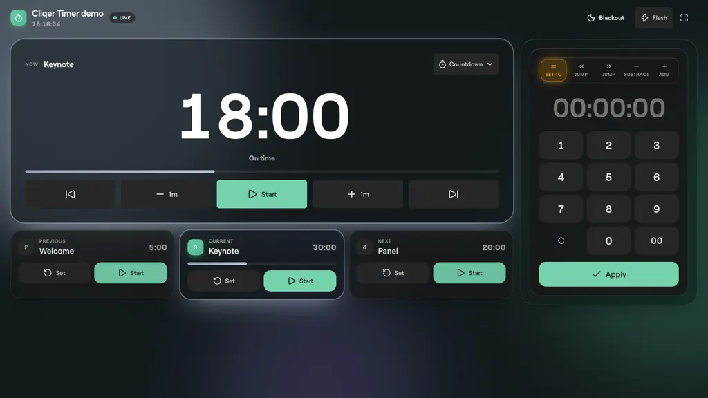 The operator page on a tablet with the Keynote timer at 18:00, previous and next timers, and a numpad with Set to, Jump, Subtract and Add