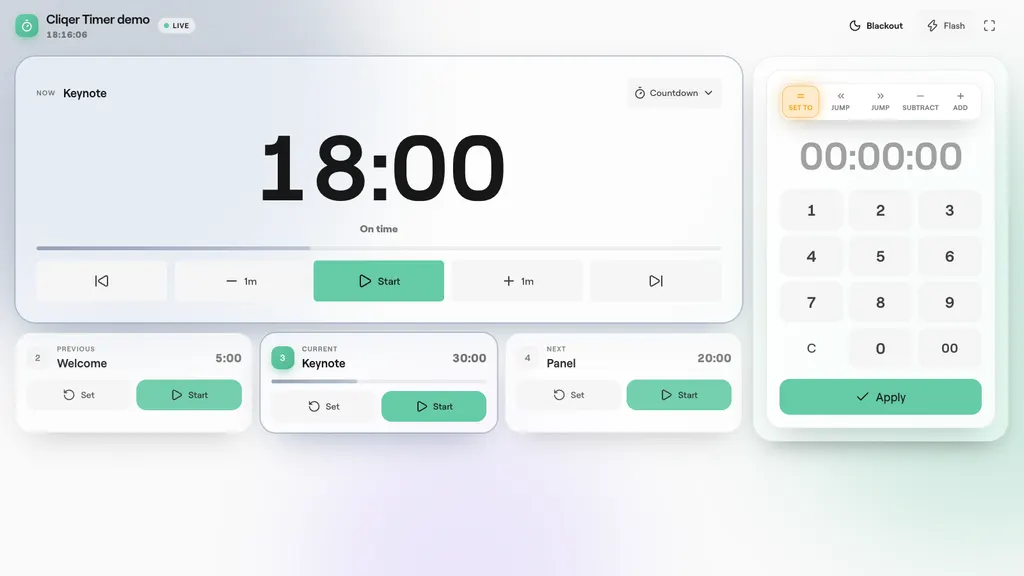 The operator page on a tablet with the Keynote timer at 18:00, previous and next timers, and a numpad with Set to, Jump, Subtract and Add
